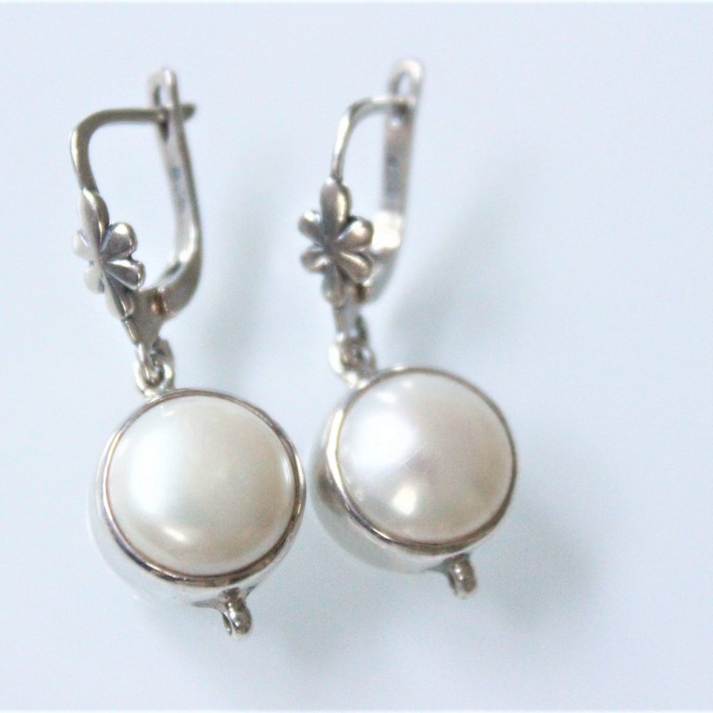 STERLING SILVER PEARL RUSSIAN LOCK DROP EARRINGS